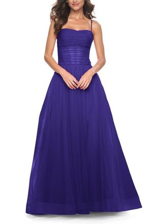La Femme A-line Square Neck Tulle Ballgown with Illusion Waist in Indigo at Nordstrom, Size 00