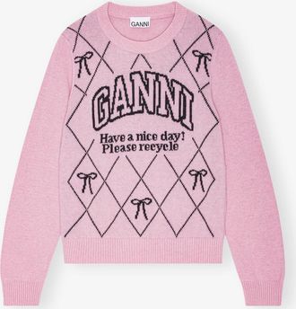 Ganni Pink Graphic Bow Sweater - Size XXS Wool