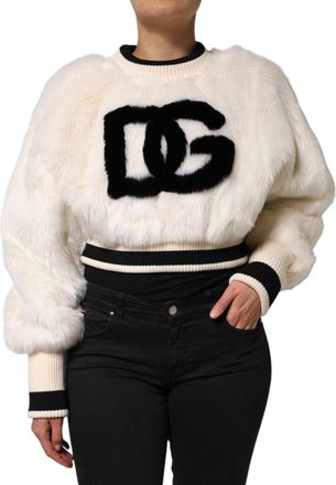 Dolce & Gabbana Womens White Cropped Faux Fur Dg Sweatshirt Sweater Black And Acrylic Polyester Clothing