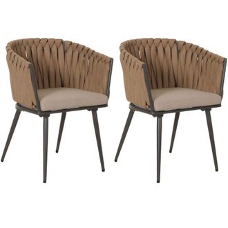 Hhg [NON UTILIZZATO] Set 2 sedie giardino in alluminio HHG-418, sedie esterno con braccioli, intreccio corda, beige cuscino marrone chiaro