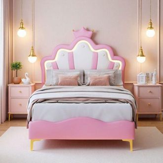 OEM Cama Infantil Ni&ntilde;a 90x200 - Corona Led - Acolchado Antichoque - Dise&ntilde;o Contempor&aacute;neo - Rosa