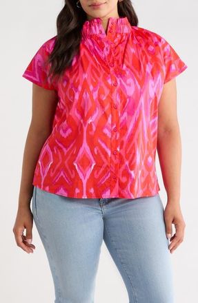 Sugarlips Blevin Ikat Patma Button-Up Mock Neck Top in Red-Pink-Combo at Nordstrom, Size 1 X
