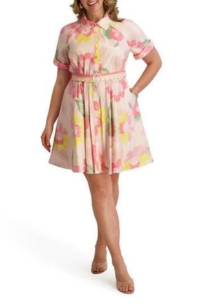 Kensie Floral Short Sleeve Taffeta Fit & Flare Shirtdress in Blush Multi at Nordstrom Rack, Size 2X