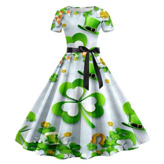 Generic Womens St. Patricks Day Long Sleeve Crew Neck A-Line Dress - Green, Floral Pattern - Size 10 (UK), Above the Knee