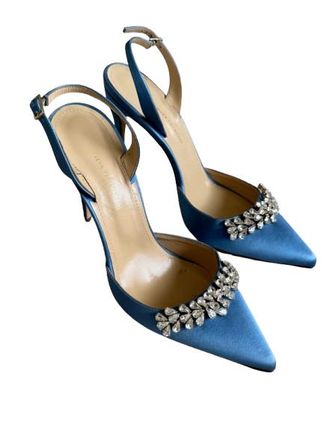 Jennifer Chamandi Embellished Light Blue Satin Slingback Sandals Size 39.5