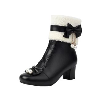 Generic Womens Ankle Boots Round Toe Medium Square Heel With Side Zipper Butterfly-Knot And Pearl Cutout Details