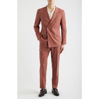 BOSS Heston Slim Fit Brown Slub Wool Blend Peak Lapel Double Breasted Suit in Medium Brown at Nordstrom, Size 40 Regular