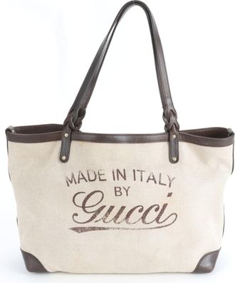 Gucci Brown Leather Canvas Handbag Tote Bag (Pre-Owned)