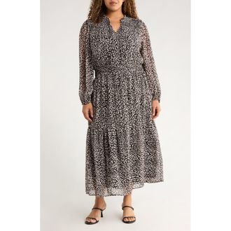 Gibsonlook The Leyla Print Smocked Long Sleeve Maxi Dress in Black Dune Cheetah at Nordstrom, Size 1X