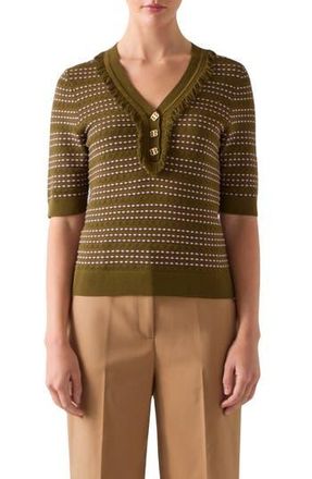 L.k. Bennett Fran Fringe Short Sleeve Henley Sweater in Green at Nordstrom Rack, Size Large