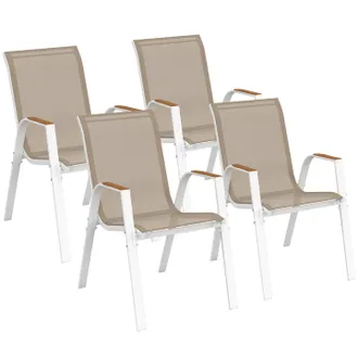 IDMarket Set Di 4 Sedie Da Giardino Impilabili Noumea In Metallo E Textilene, Bianco E Legno