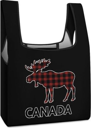 Generic Plaid Moose Animal Silhouette Canada Shopping Bag Reusable Grocery Tote Bag Foldable Handbag for Travel Picnic