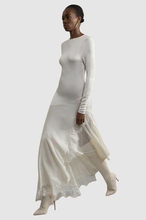 Karen Millen Slinky Lace Asymmetric Maxi Dress in Cream at Nordstrom, Size X-Small