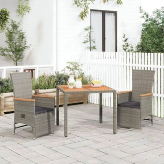 vidaXL Set Comedor De Jard&iacute;n 3 Piezas Con Cojines Rat&aacute;n Sint&eacute;tico Gris Vidaxl