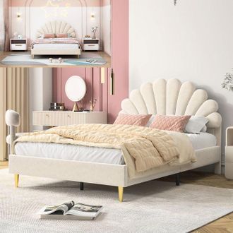 OEM Cama Doble - Cama 140x200 Cm P&eacute;talos - Terciopelo Beige - Somier De Lamas Incluido - Cabecera