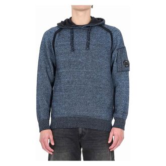 C.P. Company C.P. Company, Round-neck Knitwear, male, Blue, S, Maglia-felpa in lana moulin&egrave; con cappuccio