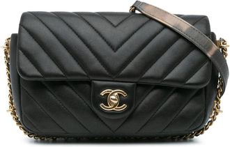 Chanel Pre-owned Mini Rectangular Chevron Lambskin Chain Around Flap - Dames - Vintage Schoudertas - Zwart - ONE Size - Leer - Vintage