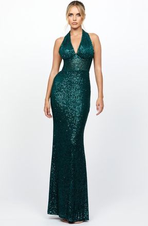 Bariano Shaylyn Sequin Halter Gown in Emerald at Nordstrom, Size 8