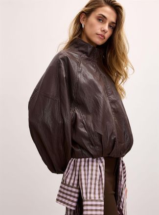 Icone Womens Slouchy faux-leather funnel-neck bubble jacket