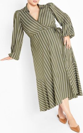 City Chic Brynn Stripe Long Sleeve Cotton Blend Dress in Olive at Nordstrom, Size Xxl