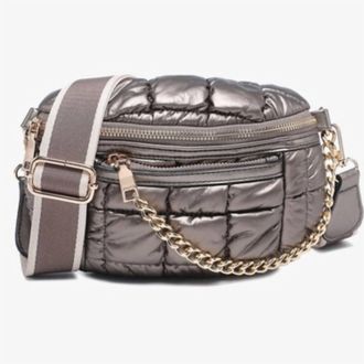 Jen & Co. Womens Mabel Quilted Nylon Belt Bag With Guitar Strap In Metallic Pewter