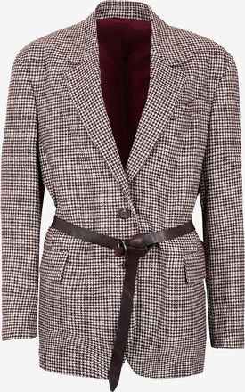 Brunello Cucinelli Hahnentritt-Blazer aus Wolle und Alpaka mit G&uuml;rtel