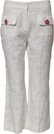 Dolce & Gabbana Bloemen Jacquard Cropped Flared Broek - Dames - Vrijetijds broeken - Wit - XS - Katoen - Broeken
