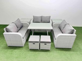Fimous 8-seater Patio Rectangular Table Love Sofa Set with 2 Side Tables in Light Grey