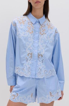 M&S Collection Stripe Embroidered Button-Up Shirt in Blue/Multi at Nordstrom, Size 16