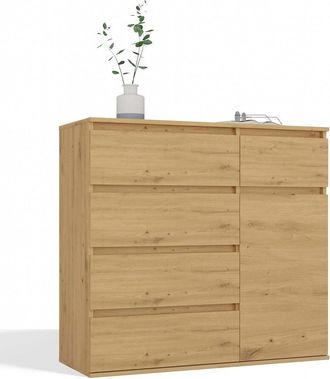 Topeshop 1p5s C&oacute;moda - 1 Puerta A 5 Cajones Para Sal&oacute;n, Dormitorio O Habitaci&oacute;n De Invitados - 100x93x40 Cm - Roble Artisan