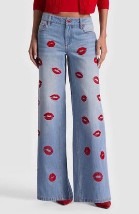 Alice & Olivia Amazing Kiss Print Wide Leg Jeans in Denver Bright Blue at Nordstrom, Size 25