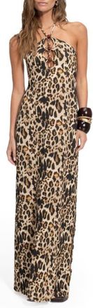 Agua Bendita Elise Print Keyhole Halter Cover-Up Maxi Dress in Leopard at Nordstrom, Size Medium