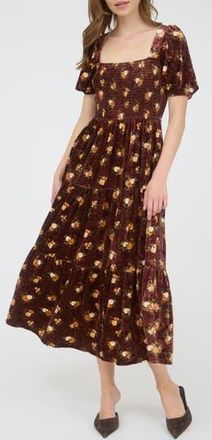 August Sky Puff Sleeve Midi Dress in Burgundy Multi at Nordstrom Rack, Size Medium