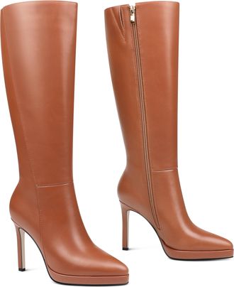 MERUMOTE Knee High Boots for Women Pointed Toe Platform Stiletto Heel High Heel Side Zipper, Brown Matte, 4.5 UK