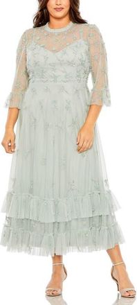 Mac Duggal High Neck Embellished Flutter Half Length Sleeve in Sage at Nordstrom, Size 14W