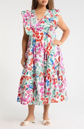 Sugarlips Kivia Smocked Floral Cotton Midi Dress in Wht-Red-Blue at Nordstrom, Size 3 X
