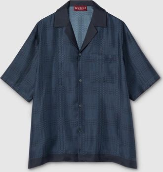 Gucci Printed Silk Twill Bowling Shirt, Size 44, Blue, Ready-to-wear