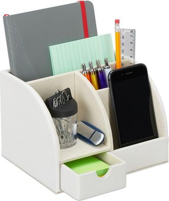 Relaxdays Portaoggetti da Scrivania, Similpelle, Organizer Ufficio & Studio, 4 Scomparti, Portapenne,13x19x15 cm, bianco - Relaxdays