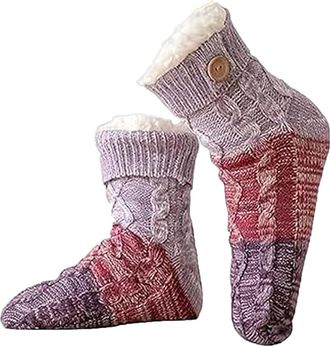Generic Knitted Ultra-Thick Slipper Home Socks, 2026 New Non-Slip Tri-color Knit Patchwork Non-Slip Warm Winter Socks, Soft And Comfortable (Purple)