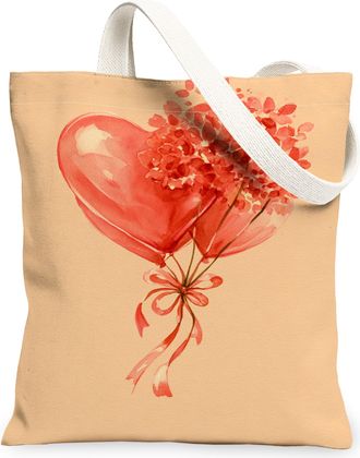 Generic ValentineS Day Floral Canvas Tote Bags, Heart Balloon Print Reusable Grocery Bags, Lightweight Washable Shoulder Strap Can, Peach, 13x15 Inch