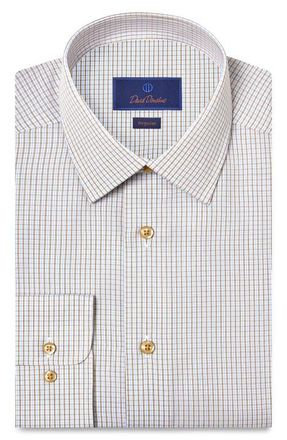 David Donahue Regular Fit Check Cotton Poplin Dress Shirt in White/Chocolate at Nordstrom, Size 15.5 - 32
