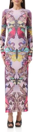 AFRM Didi Long Sleeve Mesh Maxi Dress in Ornate Butterfly at Nordstrom, Size X-Small