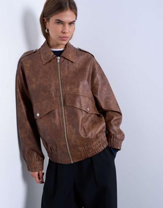 Topshop Giacca bomber in pelle sintetica marrone slavato
