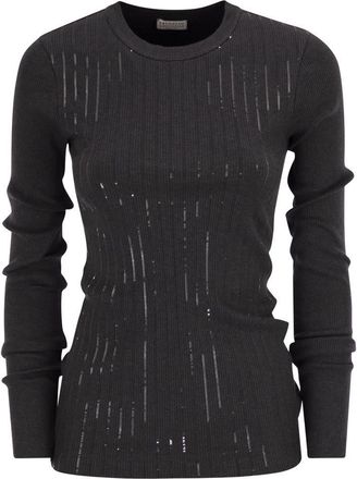 Brunello Cucinelli Brunello Cucinelli Womens Cotton Jersey T-shirt With Dazzling Chalk Stripe Embroidery - Dark Grey - Size Small