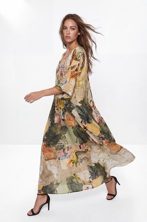 Trendyol Modest Dames Kaki Tropisch Maxi Lang A-lijn Modest Jurken