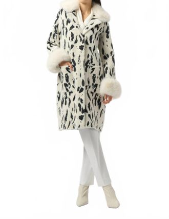 Joseph Ribkoff Fae Feather Yarn Animal Jacquard Coat With Faux Fur Trim In Black