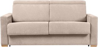 Miliboo Sof&aacute; Cama Convertible De 3 Plazas En Tela De Efecto Terciopelo Beige Con Reposacabezas Ajustables Y Colch&oacute;n De 18 Cm Noro