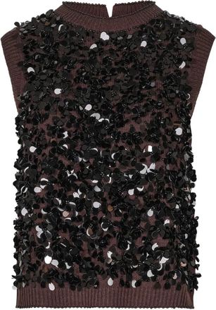 Semicouture Truien & Vesten, Dames, Bruin, S, Wol, Wollen gilet met pailletten en kasjmier