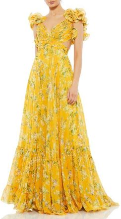 Mac Duggal Ruffle Tiered Floral Cut-Out Chiffon Gown in Lemon Multi at Nordstrom, Size 4