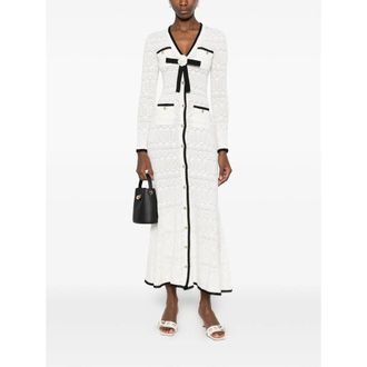 Self Portrait Pointelle Knit with Bow Detail Cardigan - White